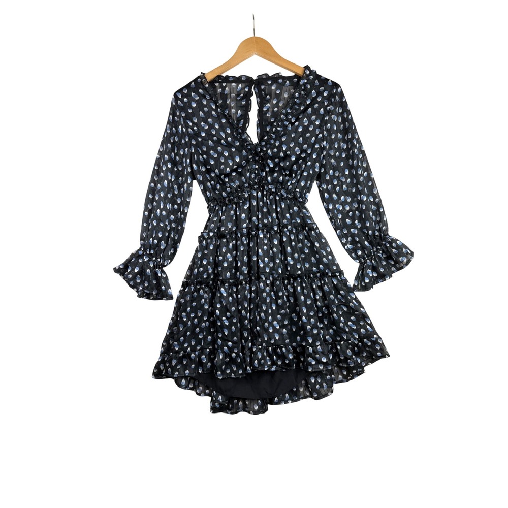 Vici Polka Dot Sheer Long Sleeve Open Back Mini Dress size Medium Black/Blue